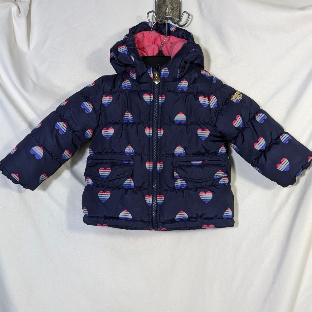 Kids OshKosh B'Gosh Girl's Puffer Warm Winter Coat Navy With Hearts 12 Months